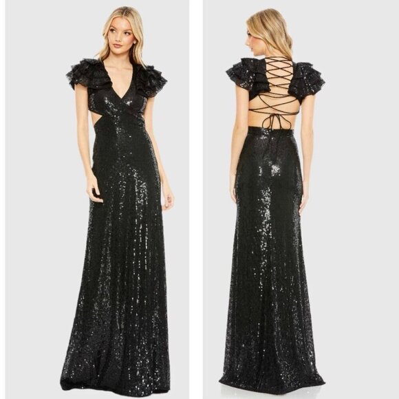 Mac Duggal Size 0 Black 10829  Sequined Cut Out Strappy Back Prom Gown Dress NEW - Picture 1 of 15